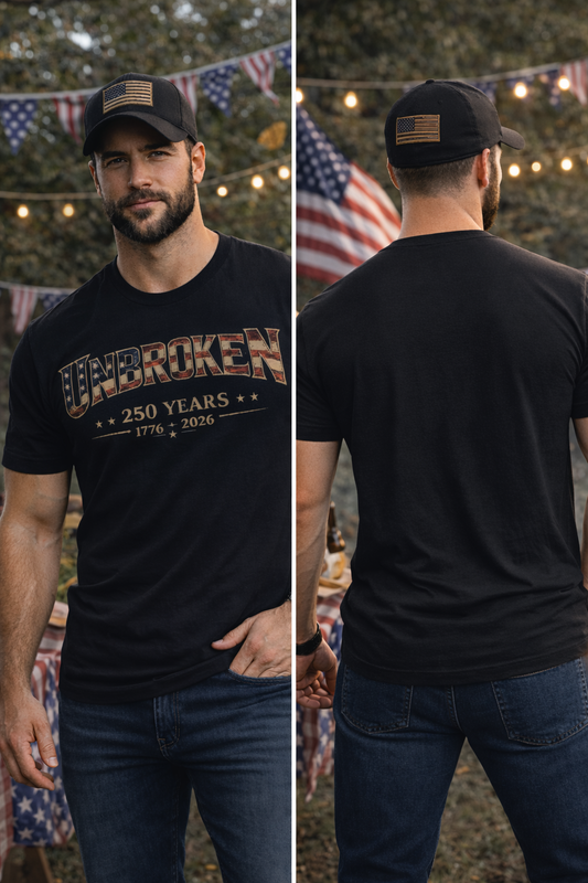 Unbroken 250 Years Delta Mindset Patriotic T-Shirt (Front Only)