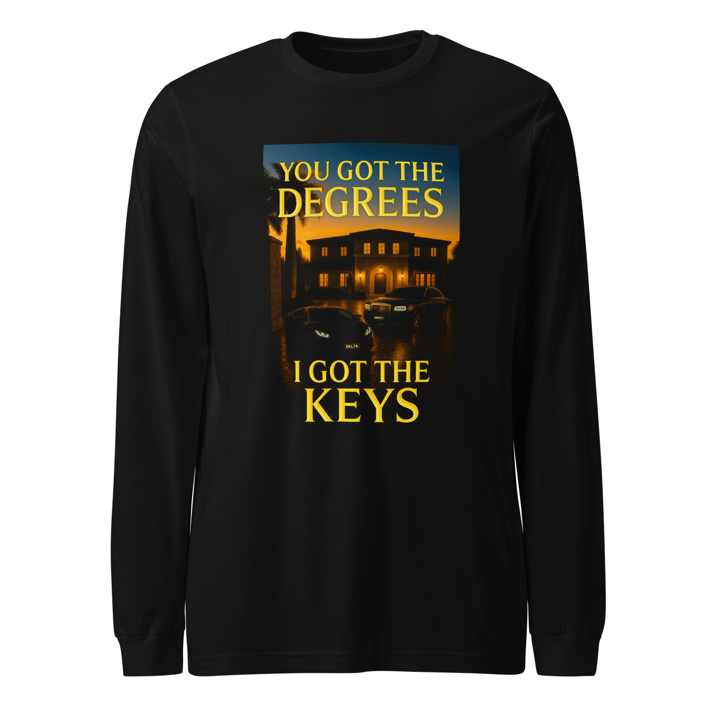 delta mindset cinematic streetwear long sleeve trader shirt — driveway collection — you got the degrees, i got the keys