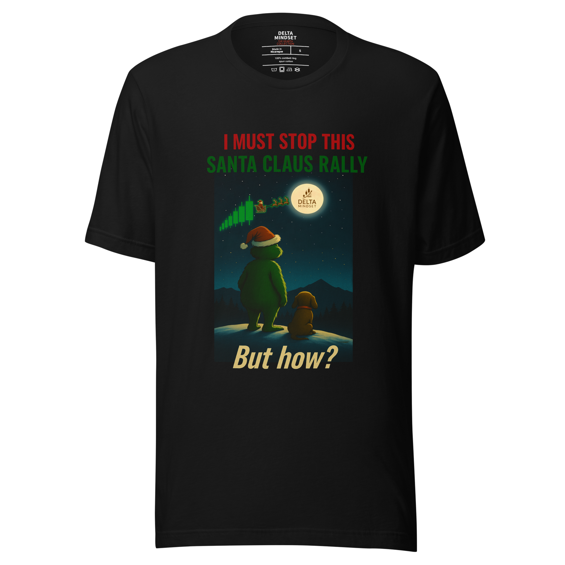 Delta Mindset cinematic streetwear short sleeve trader shirt — Hearth Collection — I Must Stop This Santa Claus Rally But How?